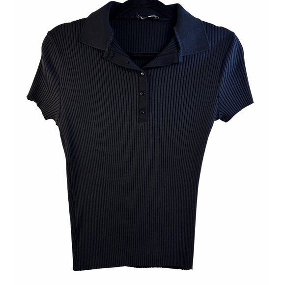 Zara Tops - Zara Womens Ribbed Black Short-Sleeve Polo Shirt Size M Deep V Button-Up Collar